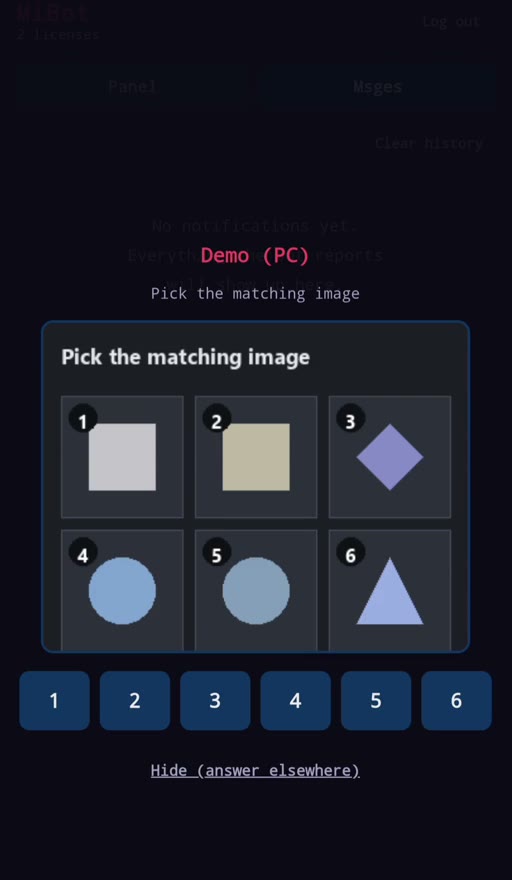 The MiBot phone app showing a captcha with six numbered tiles and buttons one to six