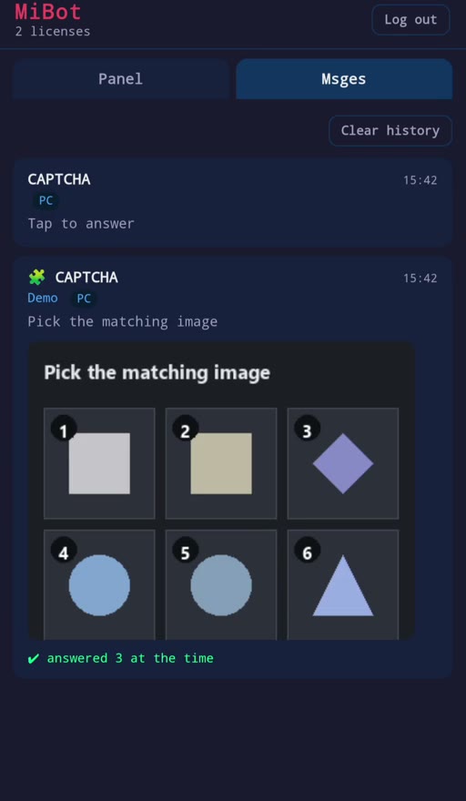 The MiBot phone app message history showing a captcha that was answered