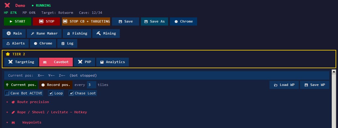 The Cavebot tab, showing waypoint recording, route precision, rope and shovel settings