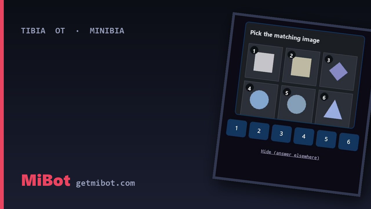 MiBot answering a Minibia anti-bot captcha, with the six numbered tiles shown on a phone